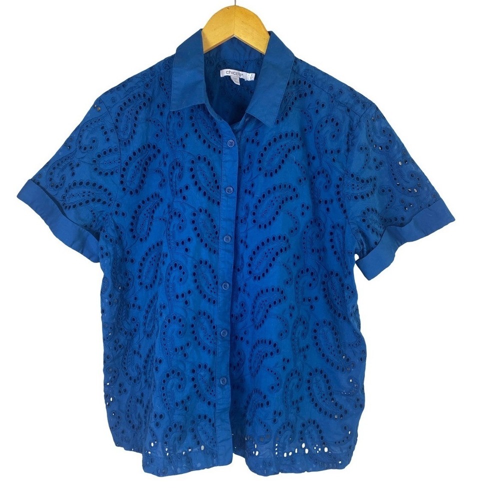 Chicos Teal Blue Paisley Eyelet Short Sleeve Button Down Shirt Size 2 Large 12